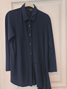 Sun Kim Navy Button-Front Draped Blouse